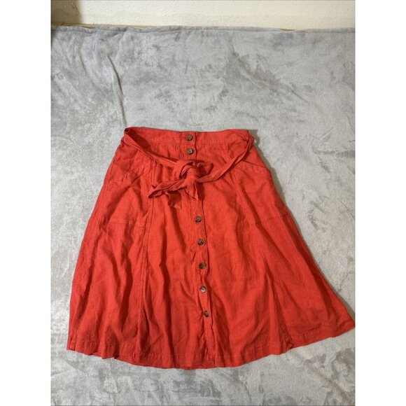 Maeve Anthropologie Linen Blend Button Front Paperbag Midi Skirt 8 Orange - Picture 2 of 10